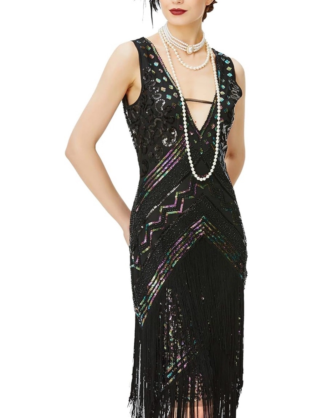 Women’s Black Sequin Fringe V-Neck Flapper Dress with accessories SzS